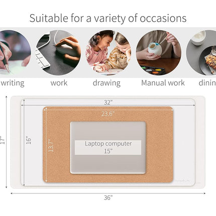 Dual-Sided Desk Pad, Natural Cork & PU Leather Large Mouse mats for Office and Home Work, Desk Protector Non-Slip, Waterproof (White, 36"x17")