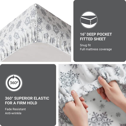 SLEEP PHILOSOPHY True North Soft & Cozy Micro Fleece Sheet Set, Fitted Sheets Deep Elastic Pocket Fits Up to 16" Mattress, Warm Winter Bedding, Fleece Bed Set King Snowflake Boho 4 Piece