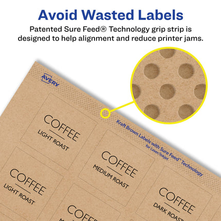 Avery Kraft Brown Square Labels with Sure Feed, 1.5" x 1.5", 1,000 Kraft Brown Labels, Print-to-The-Edge, Laser/Inkjet Printable Labels