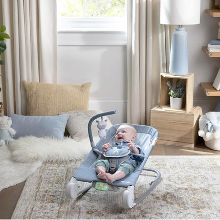 Ingenuity, Happy Belly Rock-to-Bounce Seat, Music, Vibration, Removable Toy Bar, Plush Toy Sloth, 0-6 Months, Blue - Chambray