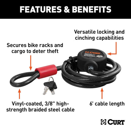 CURT 23666 6-Foot Bike Cable Lock BLACK VINYL