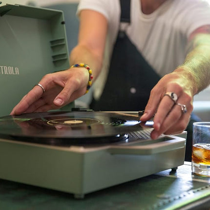Victrola Re-Spin Sustainable Suitcase Vinyl Record Player, 3-Speed (33 1/3, 45 & 78 RPM), Belt-Driven Bluetooth Turn Table with Built-in Bass Radiator, 3.5mm Headphone Jack, Basil Green