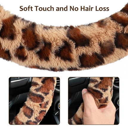 Accmor Fuzzy Car Steering Wheel Cover, Universal Fit Fur Auto Wheel Cover & Handbrake Cover & Gear Shift Cover Set, Leopard Warm Fluffy Vehicle Wheel Protector Car Accessories for Men Women (Brown)