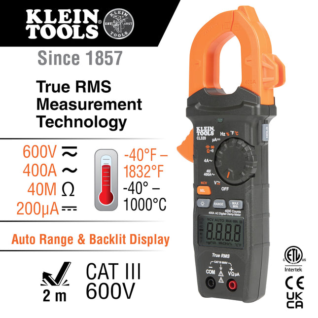 Digital Clamp Meter, HVAC Electrical Tester with TRMS, for AC Current and AC/DC Voltage, Klein Tools CL320