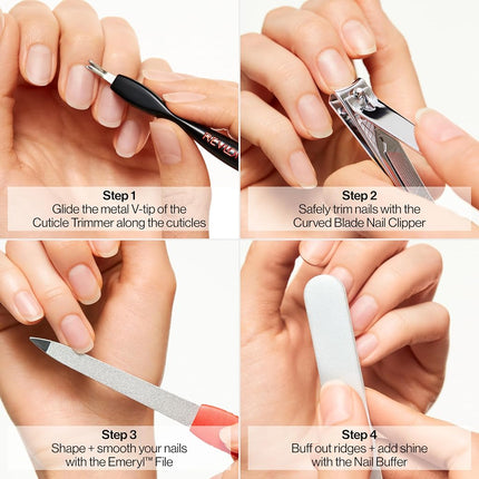 Revlon Nail Care Set with Travel Case, Dual Ended Cuticle Trimmer, Curved Blade Nail Clipper, Compact Emery Nail File and Buffer, Red, 1 Count