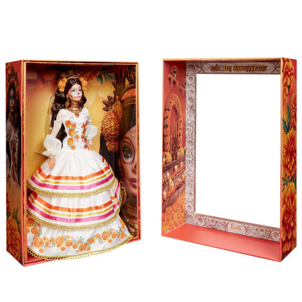 Barbie Signature Doll, Día De Muertos 2025 Collectible in Ruffled Cream Gown Trimmed with Marigolds and Ribbon, Flower Crown and Calavera Face Paint, JBJ05