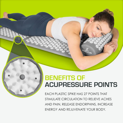 ProsourceFit Acupressure Mat and Pillow Set for Back/Neck Pain Relief and Muscle Relaxation, XL - Grey/White