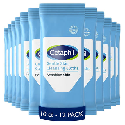 Cetaphil Face And Body Wipes, Gentle Skin Cleansing Cloths, For Dry, Sensitive Skin, Flip Top Closure, Great For The Gym, Hypoallergenic, Fragrance Free, 10 Count (Pack Of 12)