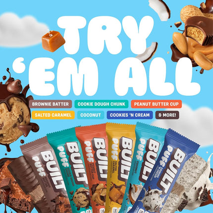Built Bar 12 Pack High Protein and Energy Bars- Low Carb, Low Calorie, Low Sugar-Covered in 100% Real Chocolate - Delicious, Healthy Snack - Gluten Free (Coconut Puff)