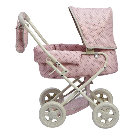 Olivia's Little World Buggy-Style Baby Doll Pram with Retractable Canopy, Storage Underneath, Detachable Bassinet, Travel Nursery Bag, Comfortable to Push, Pink and Grey