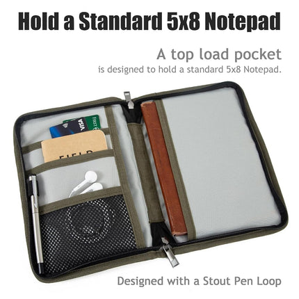 Zipper A5 Notebook Journal Planner Sketchbook Cover, Water Resistant Waxed Canvas Pocket Pocket Field Notes Cover for Journal Notebook Password Planner Book with Pen Loop (8.6"x6.9", Olive)