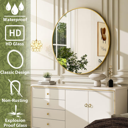 30 Inch Round Bathroom Mirror - Gold Wall Mounted Circle Mirror with Metal Frame, Modern Round Hanging Mirror Suitable for Bathroom, Vanity, Entryway, Living Room