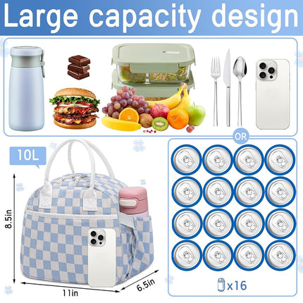 Carry Bloom Lunch Box for Women, Insulated Lunch Bag Cute Corduroy Lunchbag Reusable Lunchbox for Work (Checkered Blue White)
