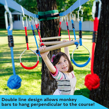 Parcours d'obstacles Double Ninja Slackline pour enfants - Ligne de 24 mètres - Équipement de jeu avec barres de singe - Parcours Ninja Warrior avec barres de singe pour enfants - Parcours d'accrobranche Ninja - Conception à double ligne brevetée