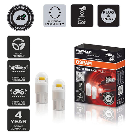 Osram Night Breaker LED bulbs - W5W-T10-12V - set of 2 pieces, White