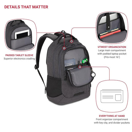 SWISSGEAR Cecil Laptop Backpack Fits up to 16-Inch Laptop, Daypack for Travel and Work, Charcoal, 18-Inch