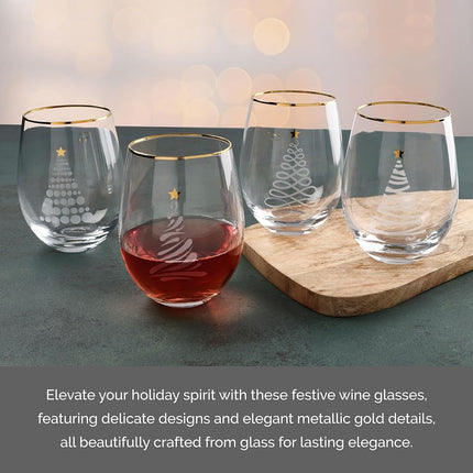 Celebrations by Mikasa Holiday Christmas Trees Stemless Wine, Set of 4, 18 Ounce