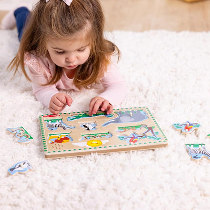 Melissa & Doug Zoo Animals Sound Puzzle - Wooden Peg Puzzle With Light-Activated Sound Effects (8 pcs) Animal Noise Puzzles for Toddlers 2+