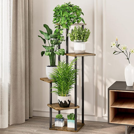 AZERPIAN Plant Stand 5 Tier Indoor Metal Flower Shelf for Multiple Plants Corner Tall Flower Holders for Patio Garden Living Room Balcony Bedroom, Black (Black)