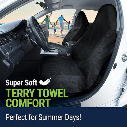 Season Guard Terry Cloth Sweat Towel Seat Cover; Carseat Towel Protector; Great for Gym Workout; Waterproof; Universal Fit for Car SUV Van Truck; EZ fit; Non Slip Grip; Machine Washable; 2pc Black
