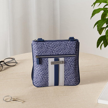 Nautica Womens Lakeside Signature Jaquard North South Crossbody Bag, Indigo, One Size