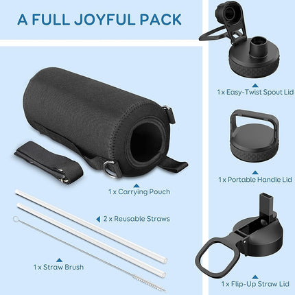 Water Bottle 32 oz Insulated with Straw, Coolflask Stainless Steel Metal 3 Lids Water Flask Wide Mouth for Sports or Office, Non-BPA Keep Cold Up to 48 Hrs or Hot Up to 24 Hrs, Ombre Black/Gray