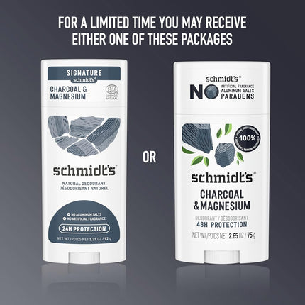 Schmidt's Aluminum Free Natural Deodorant for Women and Men, Charcoal & Magnesium with 24 Hour Odor Protection, Certified Natural, Vegan, Fresh, 2.65 Oz, Pack of 2