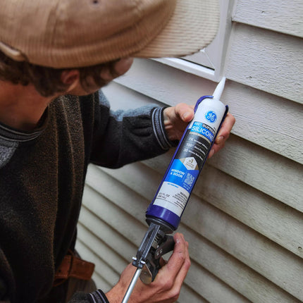 GE Supreme Silicone Caulk for Window & Door, White, 10 fl oz Cartridge, 12 Pack - 100% Waterproof Silicone Sealant, 7X Stronger Adhesion, Shrink & Crack Proof