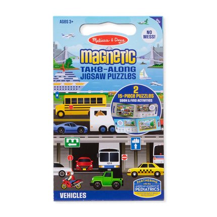 Melissa & Doug Take-Along Magnetic Jigsaw Puzzles Travel Toy – Vehicles (2 15-Piece Puzzles)