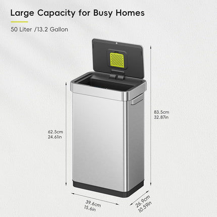 EKO Deluxe Mirage-T 50L Automatic Sensor Kitchen Bin, Stainless Steel Rubbish Bin with Handle, Deodorizer Compartment, Touchless Motion Sensor, Soft-Close & Stay-Open Lid, Rectangular for Home