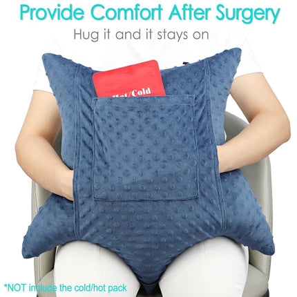 Heal n Hope Heart Surgery Pillow Shock Absorbing for Open Heart Surgery After Bypass Coughing with 2 Pockets - Recovery Gifts with Hands Placement Pouch, Minky Dot Denim Blue