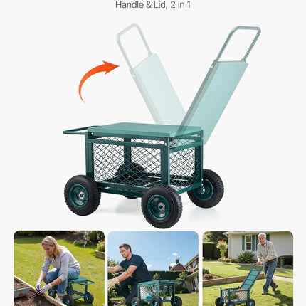 VEVOR Rolling Garden Cart with Seat, Metal Rolling Garden Work Seat with Wheels, Supports up to 181 kg, Heavy Duty Gardening Cart Scooter, Outdoor Wagon & Stool on Wheels for Lawn, Patio, Backyard