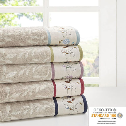 Madison Park Serene 100% Cotton Bath Towel Set Luxurious Floral Embroidered Cotton Jacquard Design, Soft and Highly Absorbent for Shower, Multi-Sizes, Blue