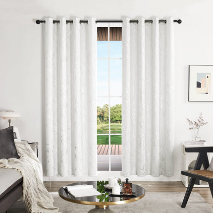 Deconovo White Curtains, Room Darkening Curtain, Thermal Insulated & Noise Reducing Drapes, Silver Branch Pattern, 52 x 108 Inch Long, Grommet Panels for Bedroom Living Room Office Nursery, Set of 2