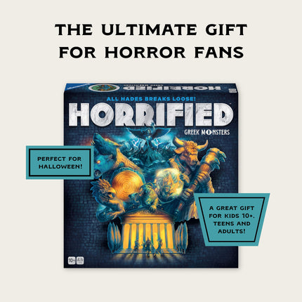 Juegos Horrified de Ravensburger - Monstruos Griegos - Juego de Mesa de Estrategia - Fomenta el Pensamiento Crítico y el Trabajo en Equipo - Jugabilidad Cooperativa - Desafíos de Monstruos Únicos - 1 a 5 Jugadores - Adultos y Niños de 10+