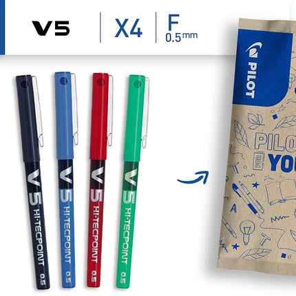Pilot V5 Liquid Ink Rollerball 0.5mm Tip - Black/Blue/Red/Green (Pack of 4)