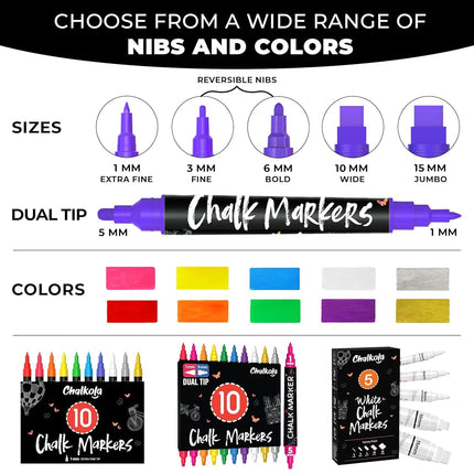 Chalkola Car Window Markers - 15mm Jumbo, 10 Chalk Pens (w/Gold, Silver)