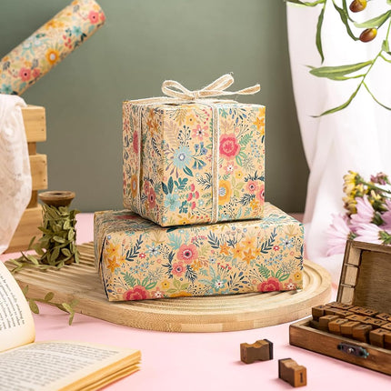 WRAPAHOLIC Jumbo Kraft Floral Wrapping Paper Roll - 30 Inch x 33 Feet - Spring Summer Garden Flower Design Perfect for Wedding, Bridal Shower, Birthday