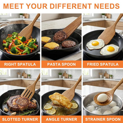 8 Pcs Best Acacia Wood Kitchen Utensil Set Wooden Spoons for Cooking Wok Turner Spatulas Bamboo Non Toxic Cooking Utensils Scraper Spurtle Kitchen Slotted Cooking Spoon Flat Egg Flipper Spatula Set