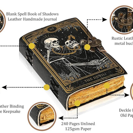 TUZECH Book of Spells Leather Bound Journal Deckle Edge Paper Grimoire Printed Diary Third Eye witchcraft supply and Witch Spell Notebook Antique Vintage Book for Men and Women (The Devil)