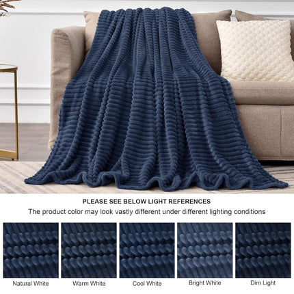 BEDELITE 3D Ribbed Navy Blue Fleece Throw Blanket for Couch, 50x70 Inch