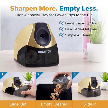 Bostitch Personal Electric Pencil Sharpener, Powerful Stall-Free Motor, High Capacity Shavings Tray, Gold Chrome