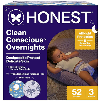 The Honest Company Clean Conscious Overnight Diapers for Sensitive Skin | Hypoallergenic, Fragrance Free | Cozy Cloud + Star Signs | Club Box, Size 3 (16-28 lbs), 52 Count
