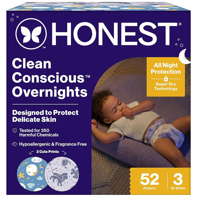 The Honest Company Clean Conscious Overnight Diapers for Sensitive Skin | Hypoallergenic, Fragrance Free | Cozy Cloud + Star Signs | Club Box, Size 3 (16-28 lbs), 52 Count