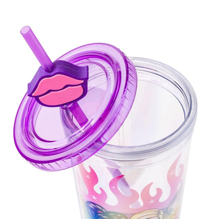Gobelet en plastique froid Silver Buffalo Bratz Dolls avec Cloe, Yasmin, Jade et Sasha Flames et lèvres pleines, avec couvercle et paille, 710 ml