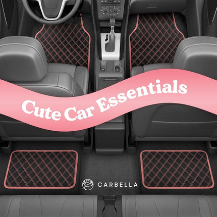 Carbella DiamondLuxe Car Floor Mats, Stylish Faux Leather Car Mats with Diamond Stitched Detail and Matching Taping, Universally Sized All-Weather Floor Mats for Cars Trucks SUV, Full Set (Pink)