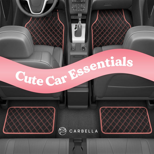Carbella DiamondLuxe Car Floor Mats, Stylish Faux Leather Car Mats with Diamond Stitched Detail and Matching Taping, Universally Sized All-Weather Floor Mats for Cars Trucks SUV, Full Set (Pink)