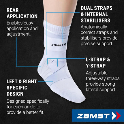 Zamst A1 Ankle Brace for Sports - Breathable Sports Ankle Support for Men and Women with Adjustable Three Way Straps for Moderate Lateral Ankle Sprain - White, Left, Medium