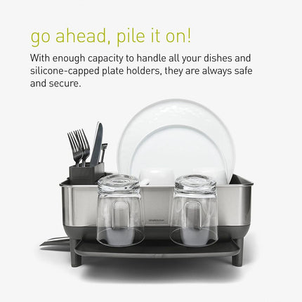 simplehuman Compact Steel Frame Dish Rack, Kitchen Drainer, 360º Swivel Spout, Wine Glass & Cutlery Holder, Grey with Brushed Stainless Steel, W 38.0cm x H 19.0cm x D 39.4cm, KT1184DC