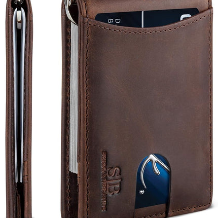 SERMAN Brands RFID Blocking Slim Bifold Genuine Leather Minimalist Front Pocket Wallets for Men with Money Clip Thin Gift, A. Texas Brown 1.s, Small